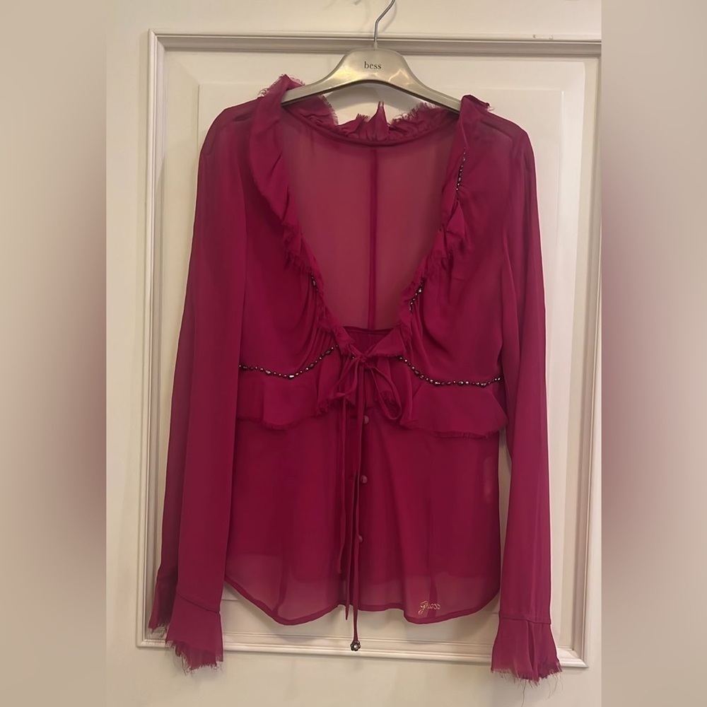 Y2K vintage Guess silk Fuchsia  Ruffled Tie Front Blouse